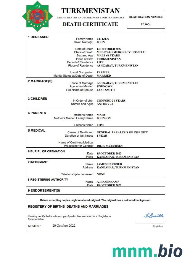 Turkmenistan śmierć certyfikat Word i PDF szablon